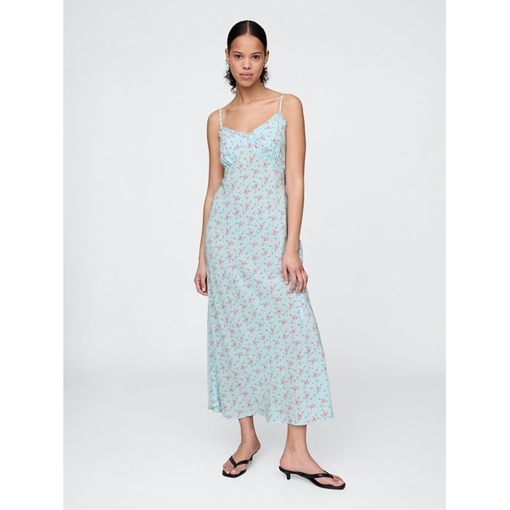 GAP Women's Medium Light Blue Floral Ruffle Trim Slip Dress Sleeveless Midi‎